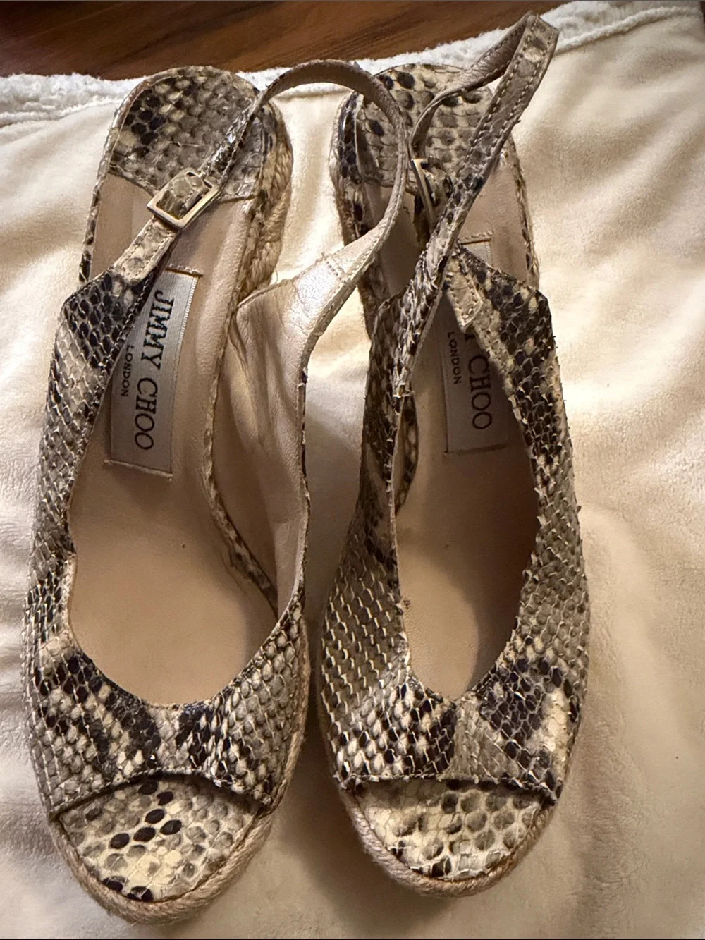 Jimmy Choo Beige and Brown Snake-Print Espadrille Wedges