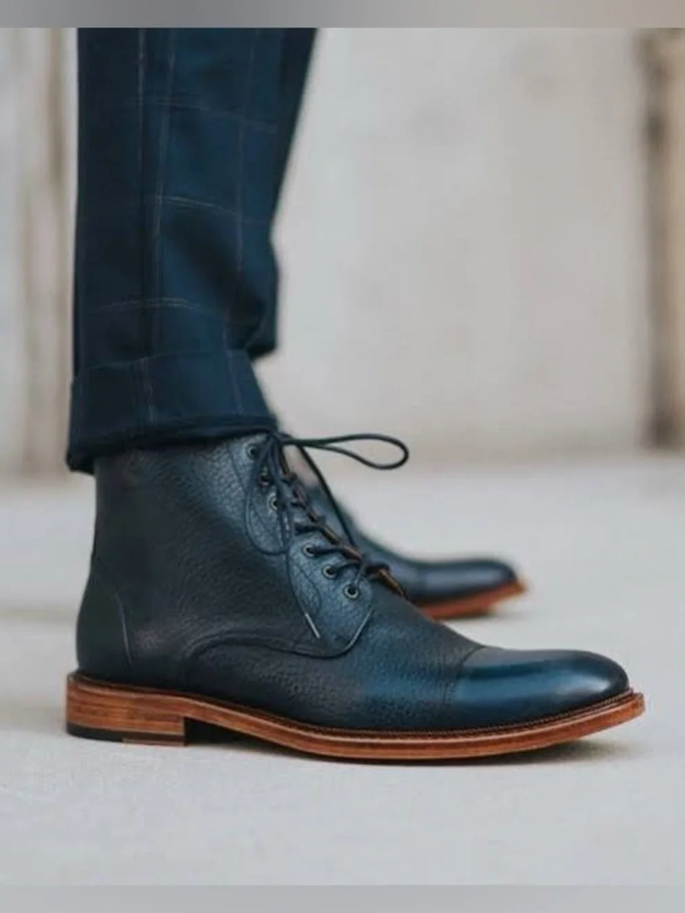 Taft Navy Rome Full-grain Leather Cap Toe Dress Boots
