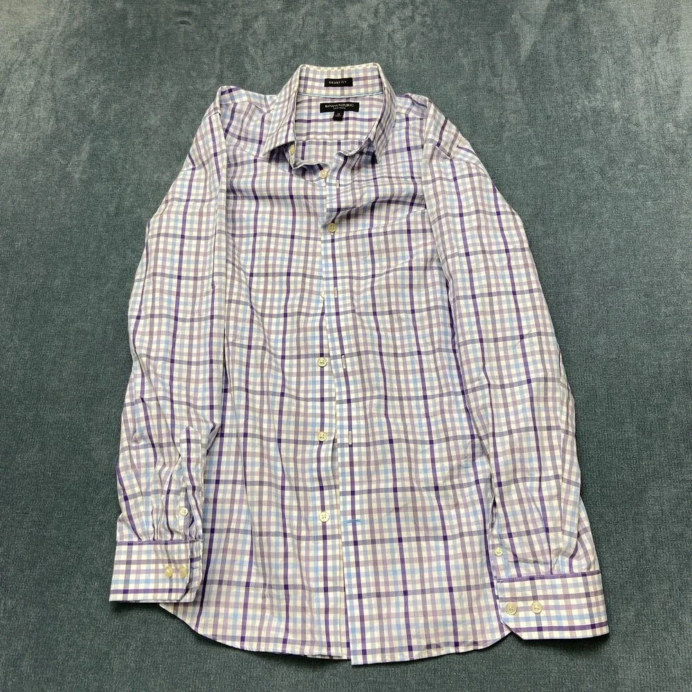 Banana Republic Shirt Mens M Purple Blue Plaid Long Sleeve Non-Iron Grant Fit
