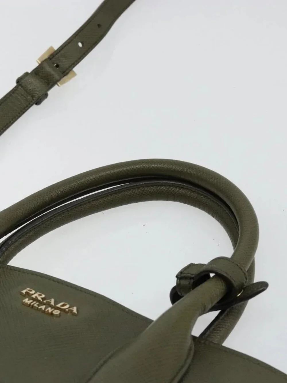 PRADA Cuir Open Promenade Satchel Bag Saffiano 2way Khaki Gold Auth
