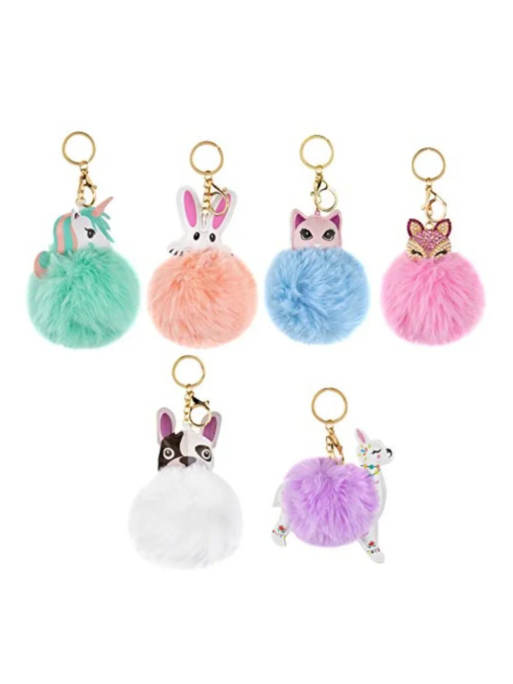 6 Pack Cute Animal Pom Pom Keychains Faux Fur Fluffy Key Rings for Women Girls