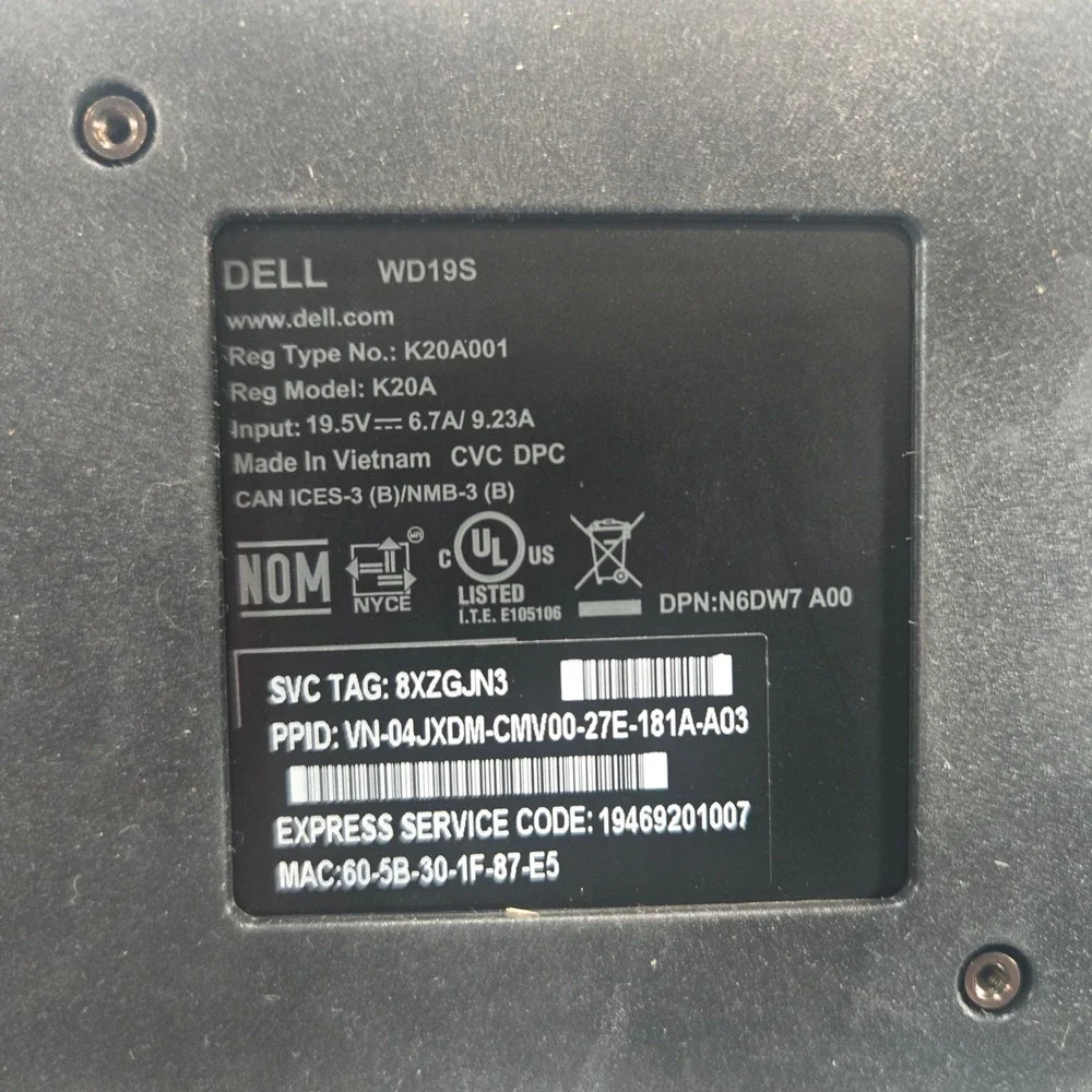 Dell WD19S USB-C Docking Station K20A K20A001 with 180W Power Adapter Black