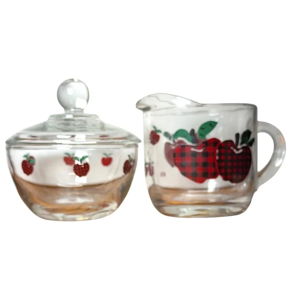 Vintage Clear‎ Glass Sugar Bowl and Creamer Set Red Buffalo Plaid Apple Country