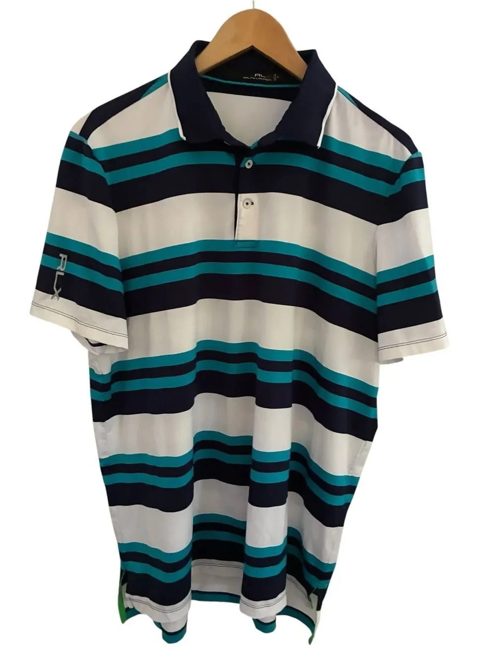 Ralph Lauren RLX Striped Polo Shirt - Navy, Teal & White Mens Size L