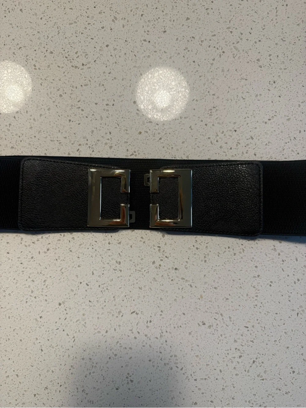 Black Women’s Wide Leather Belt with Gold Geometric Buckle
