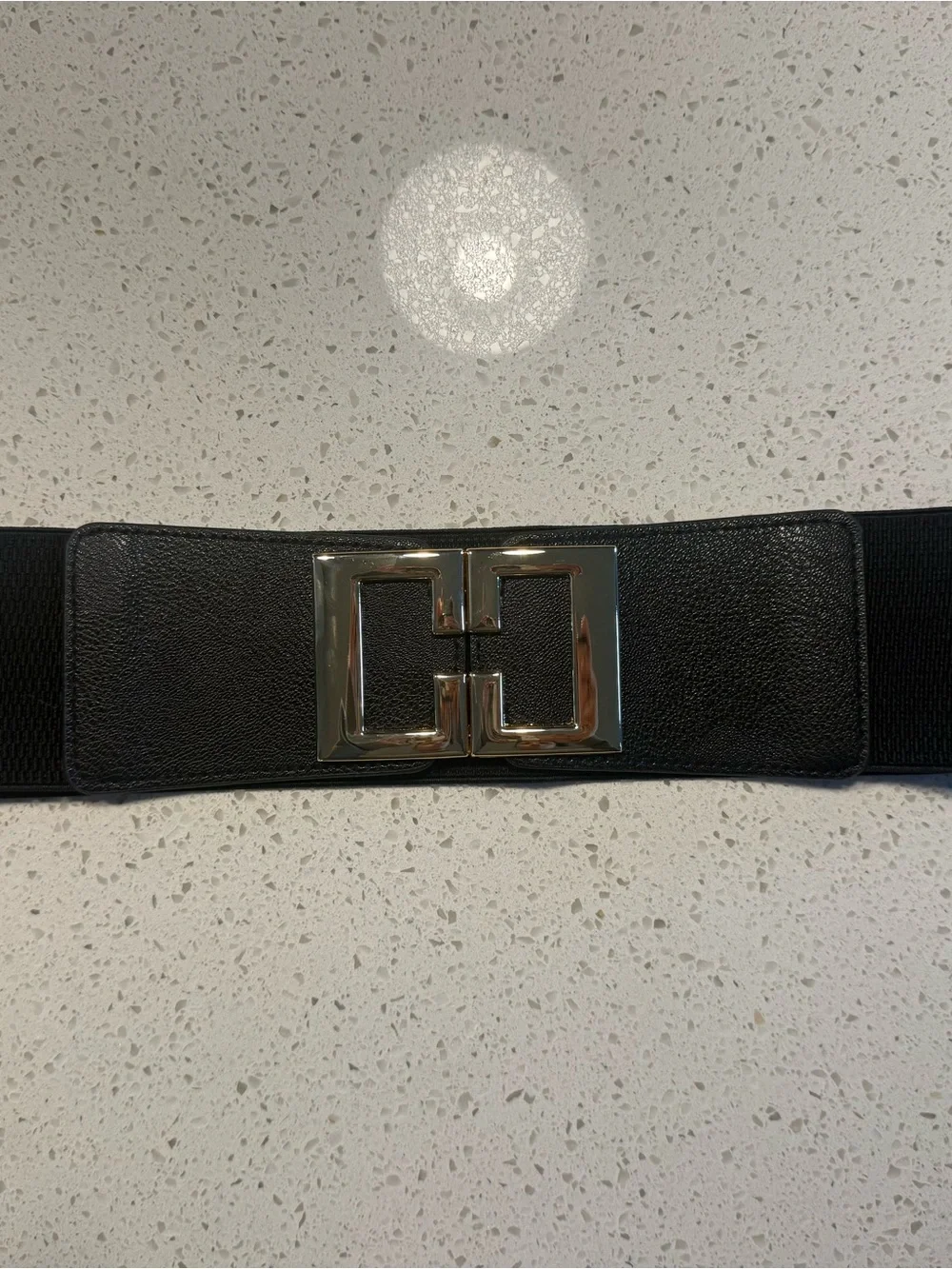 Black Women’s Wide Leather Belt with Gold Geometric Buckle