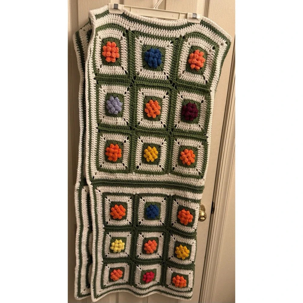 Vtg Granny Square Crochet Afghan 3d Flowers‎ Multicolor 48x48 Handmade Blanket