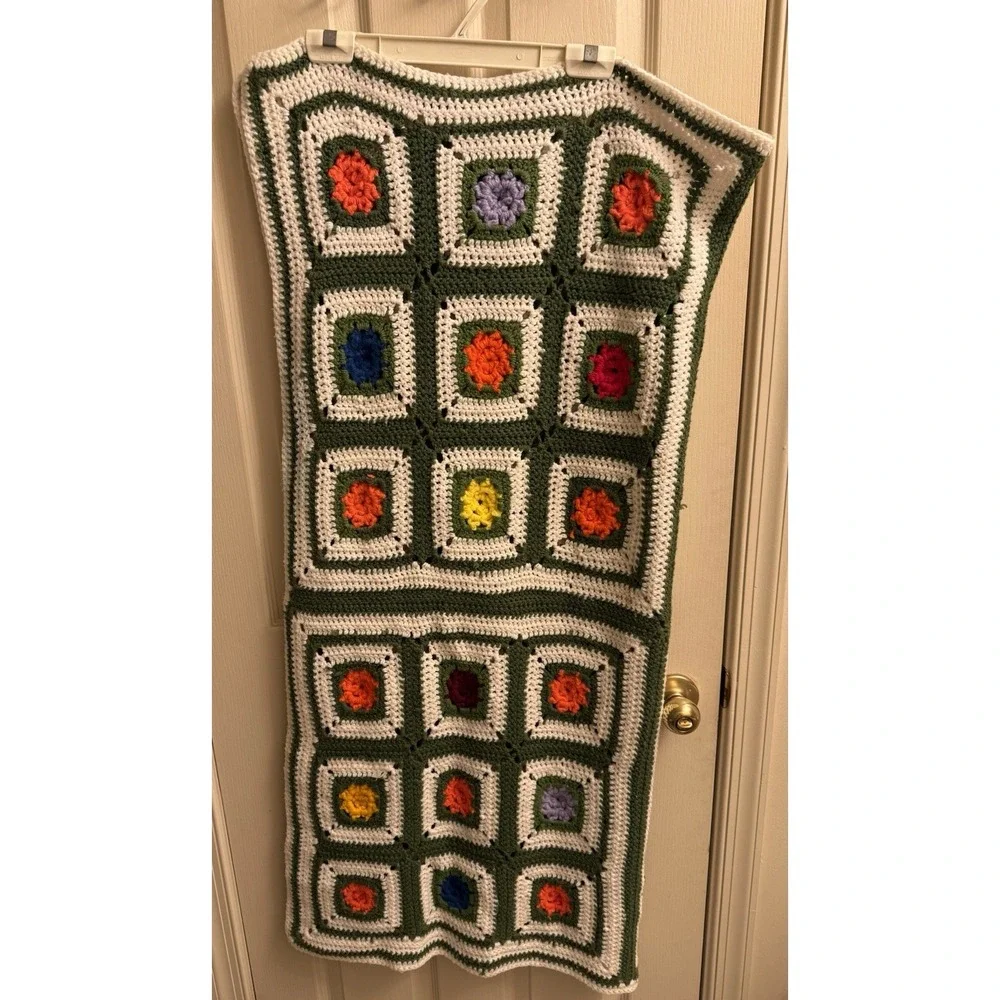 Vtg Granny Square Crochet Afghan 3d Flowers‎ Multicolor 48x48 Handmade Blanket