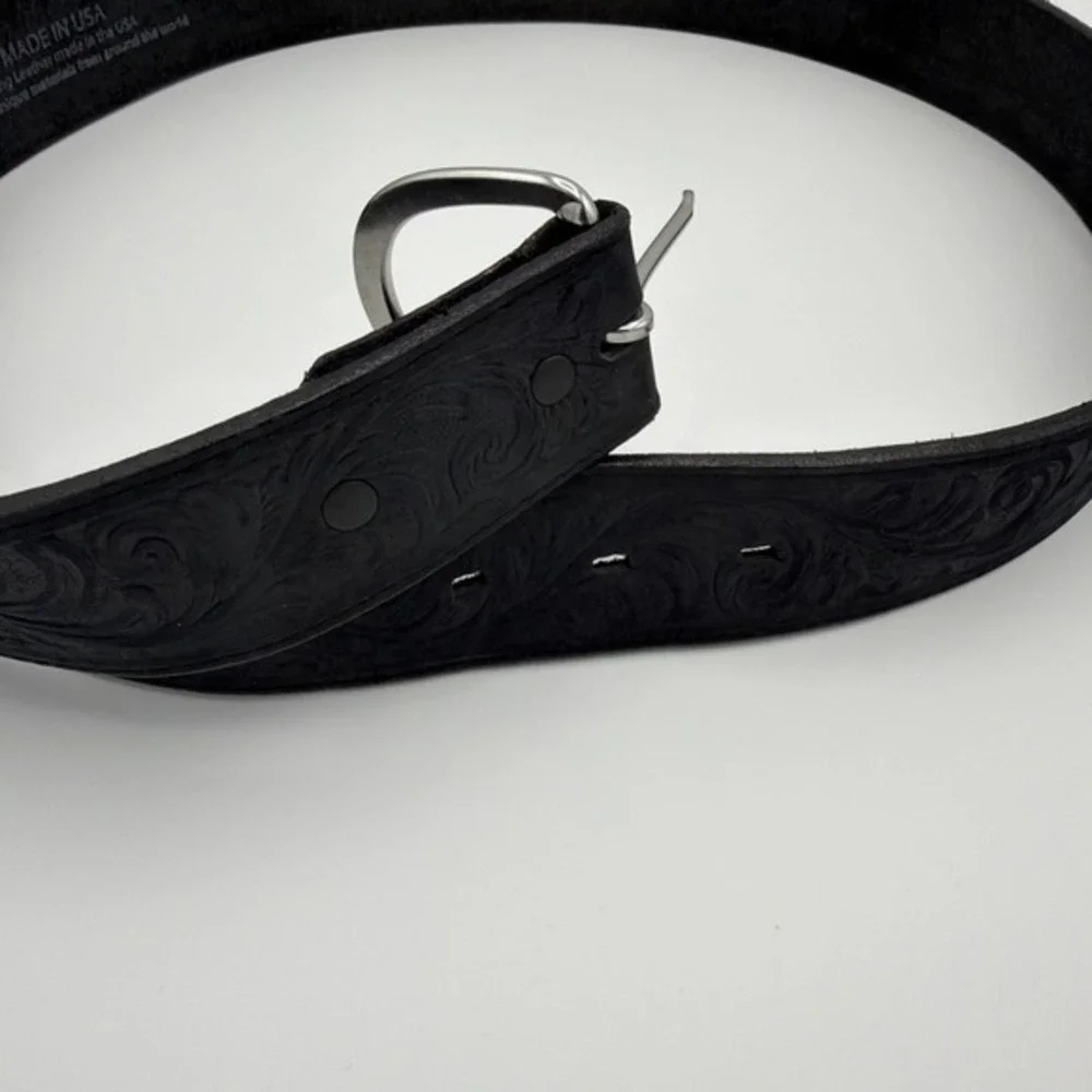 Silver Creek Leather Belt 42 Inch Black  Western Fits 32-34 Silver Buckle 3859‎