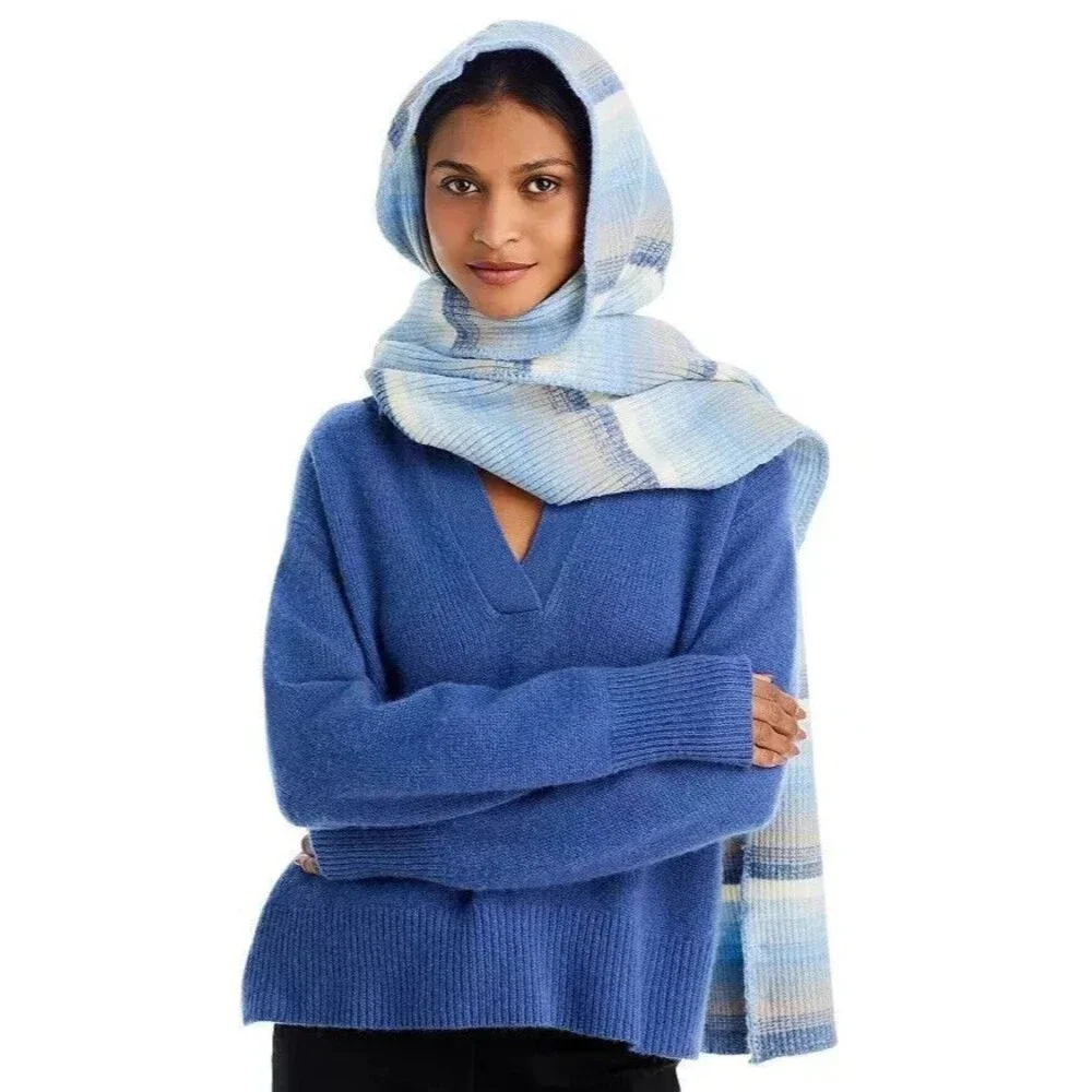 AQUA Scarf Womens Blue Stripe Ombre Hooded Wrap Around Heavy Chunky Knit $108