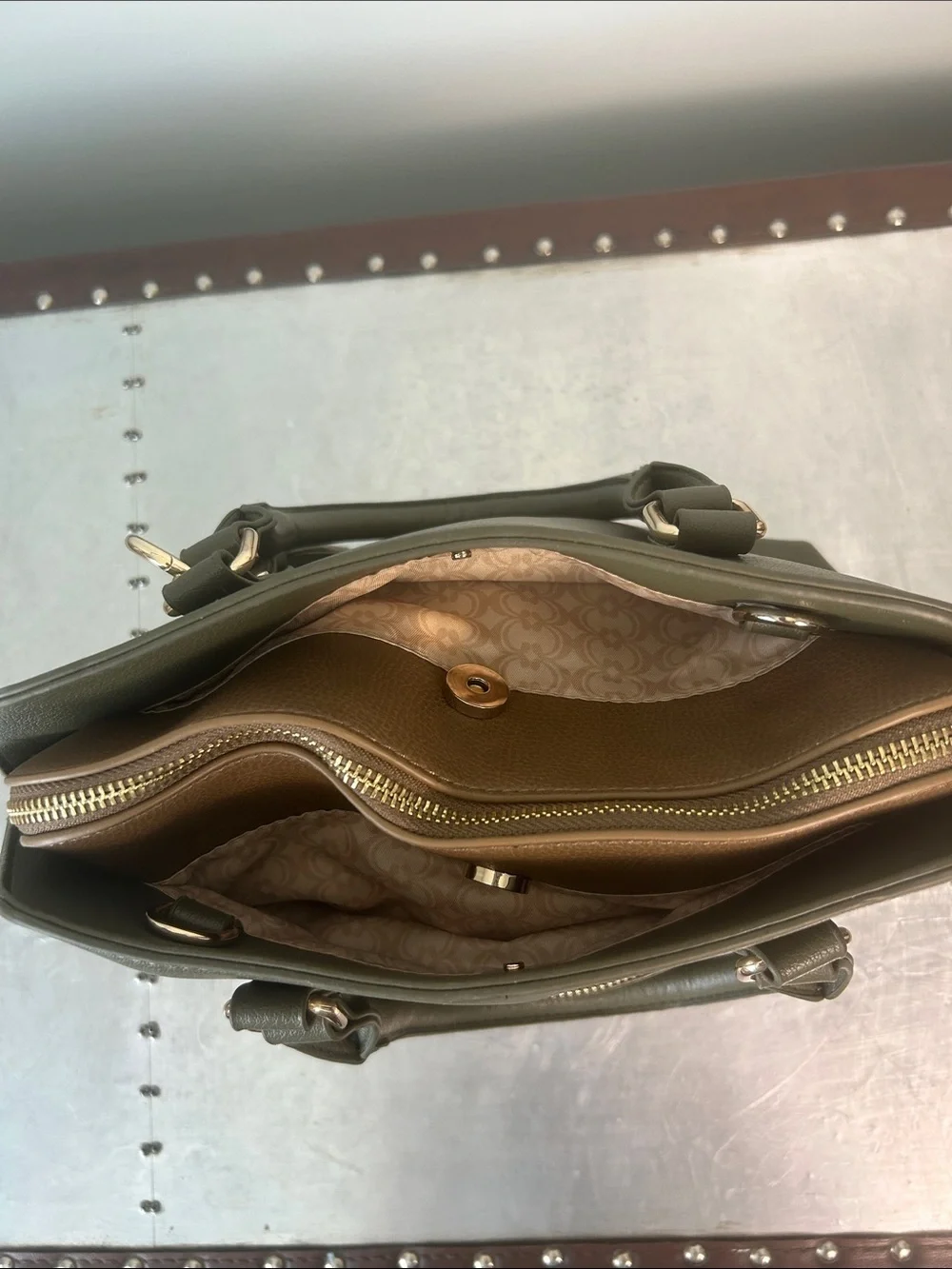 Charming Charlie Olive Satchel with Tassel and Gold Hardware