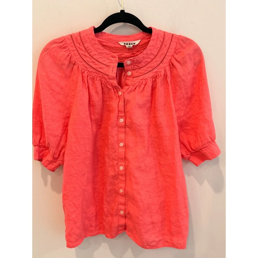 Boden Coral Button-Front Puff Sleeve Blouse