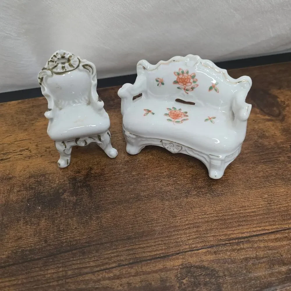 Vintage Porcelain Miniature Sofa Couch and Side Chair, Made In Japan