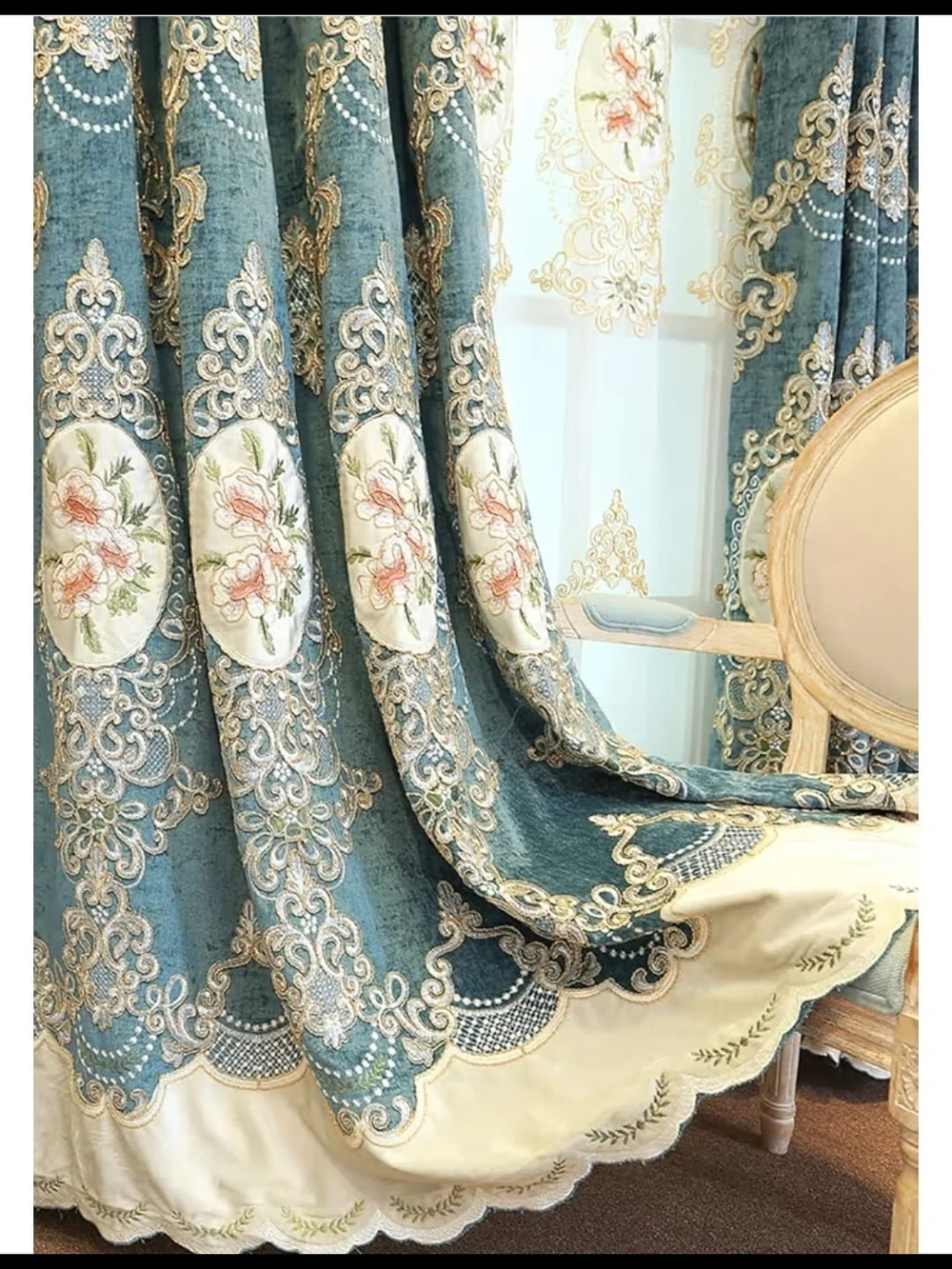 Luxurious Teal and Cream Embroidered Window Curtain Panel