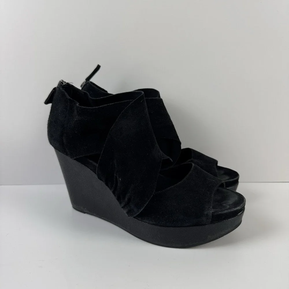 Eileen Fisher Women's Black Suede Wedge Sandals‎ Shoes Heels Sz 9.5