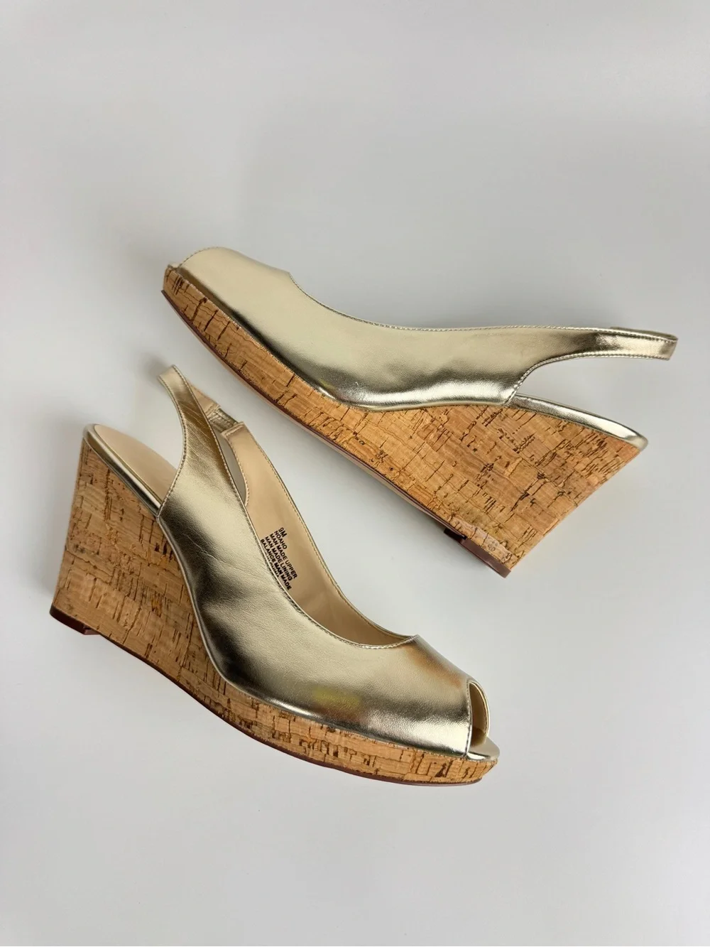 Nine West Gold Metallic Cork Wedge Slingback Peep-Toe Sandals