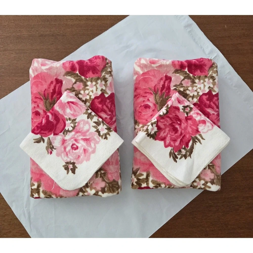 Vtg‎ Martex Roses Four Piece Bath Towel Set Floral Wash Cloths Vibrant Victorian