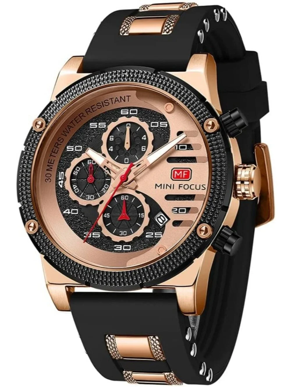 Men's Rose Black Chronograph Waterproof Sport Military Analog Quartz Wristwatch