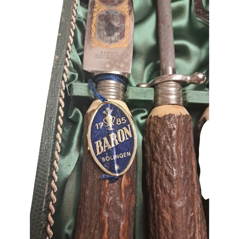 Baron Solingen Germany 5 Pc Carving Set Stag Horn Handles Engraved Blade Box Vtg