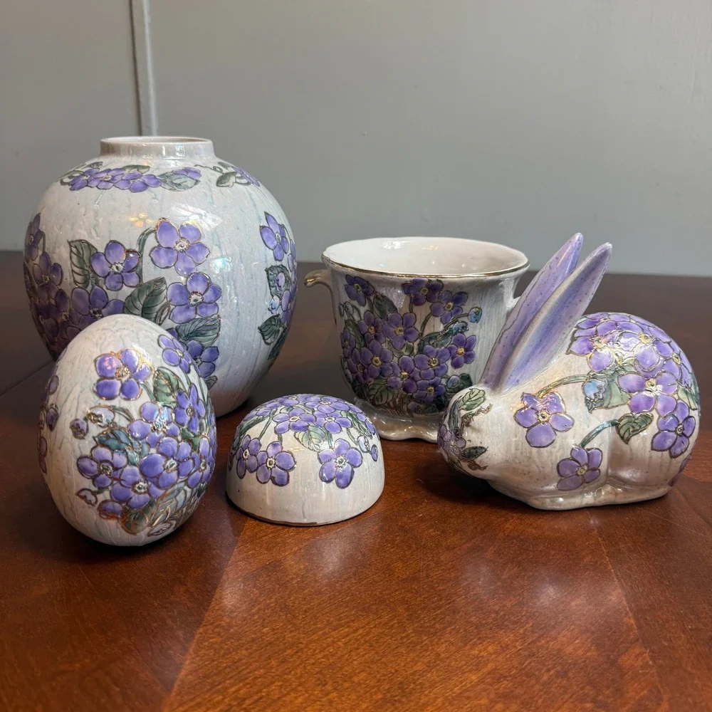 Purple‎ Floral Ceramic Decor Set  Vase Rabbit Egg Gold Trim Chinoiserie