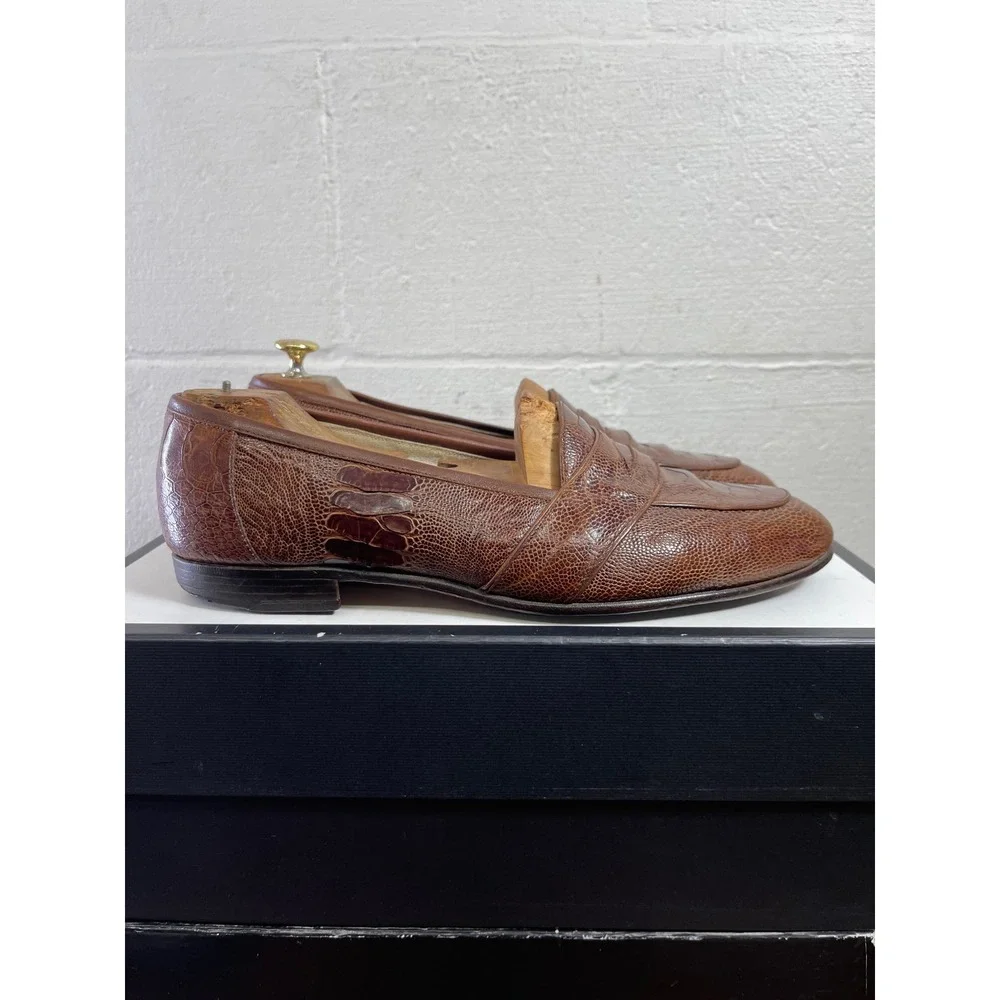 Shoeman Lau‎ Brown Ostrich Leather Penny Loafer Dress Shoes Handmade Men's 10 D