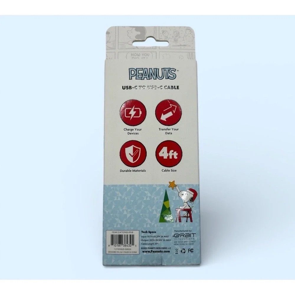 Peanuts Snoopy  4Ft USB-C To USBC Charger‎ Cable Devices Holidays Christmas NIB