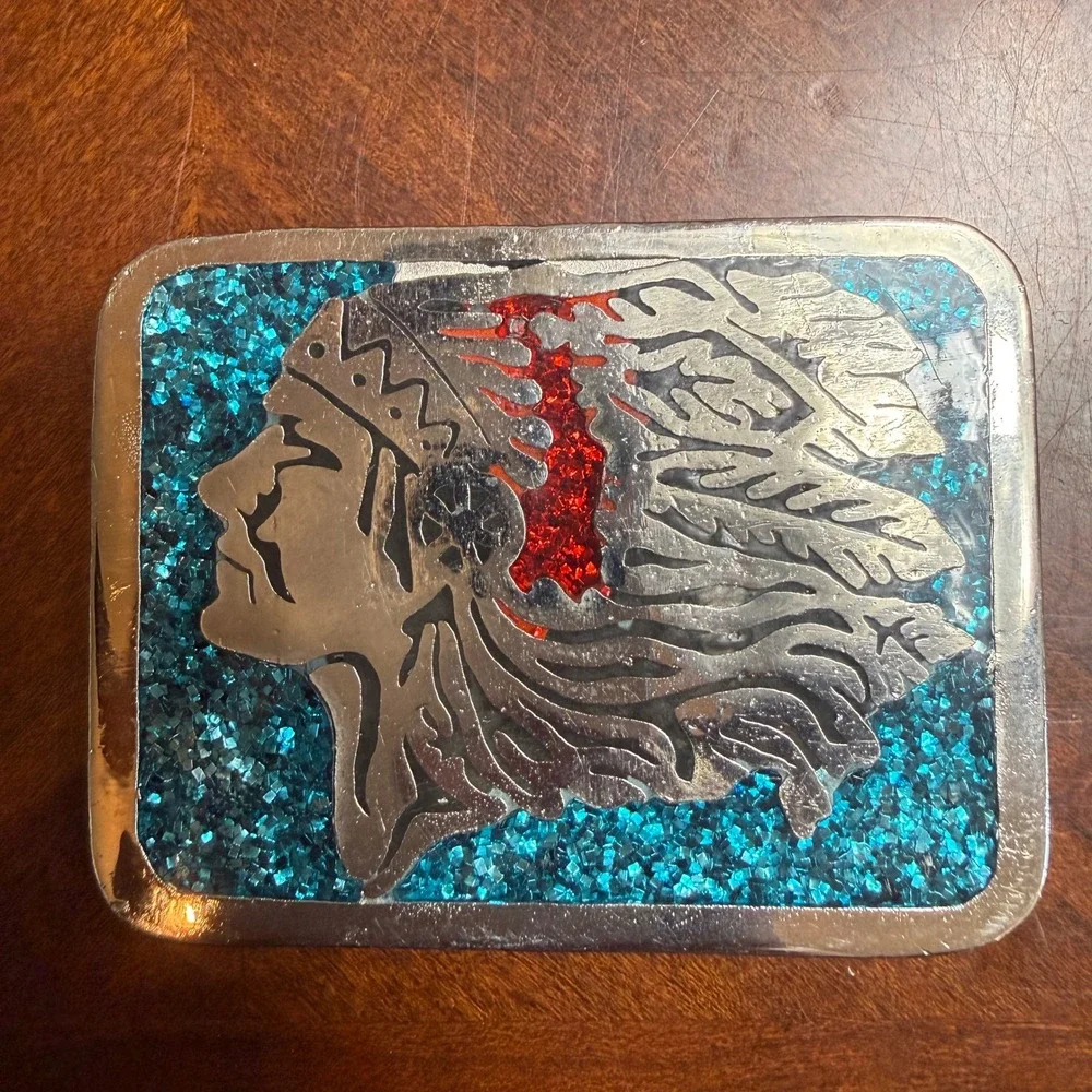 Vintage N.I. Native American Chief Belt‎ Buckle Blue Crushed Glass Silver Tone