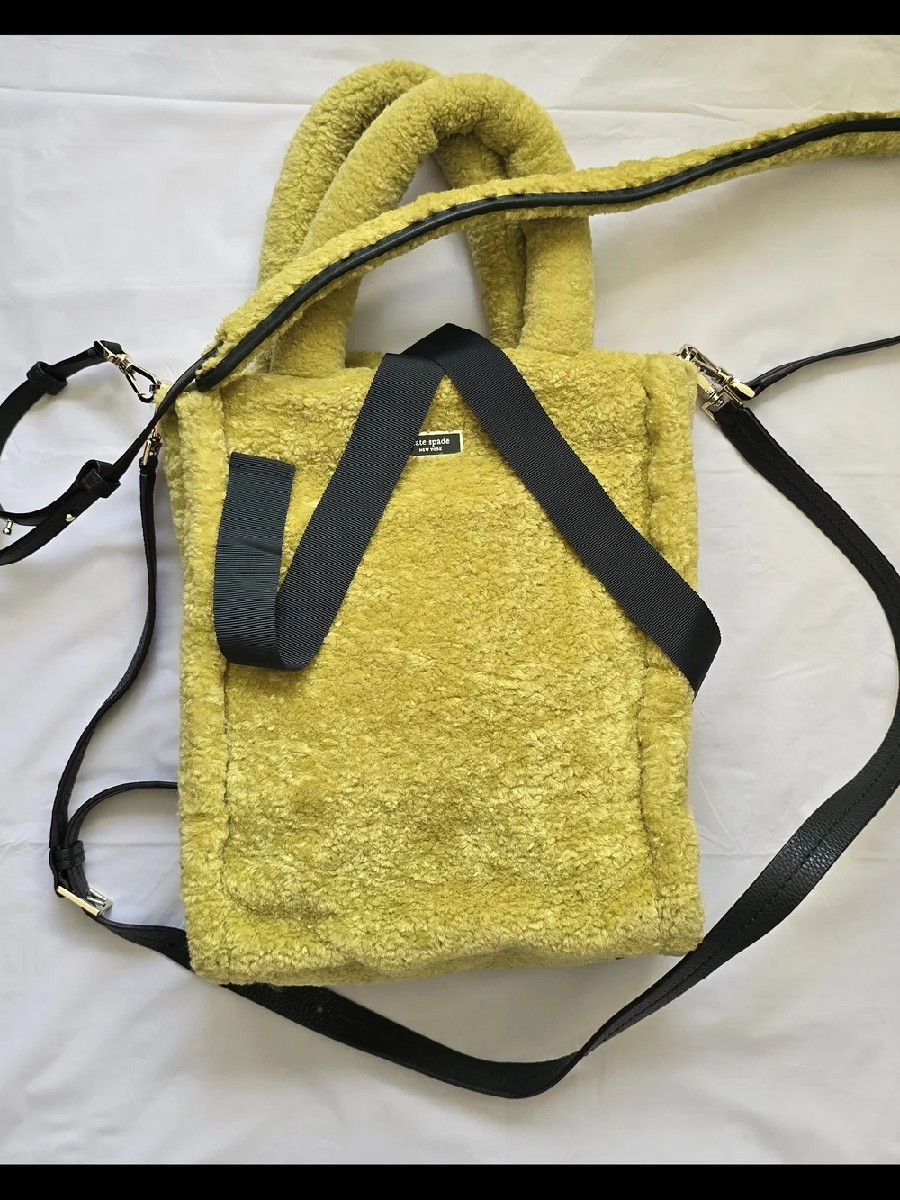 kate spade Yellow Faux-Shearling Tote with Black Straps