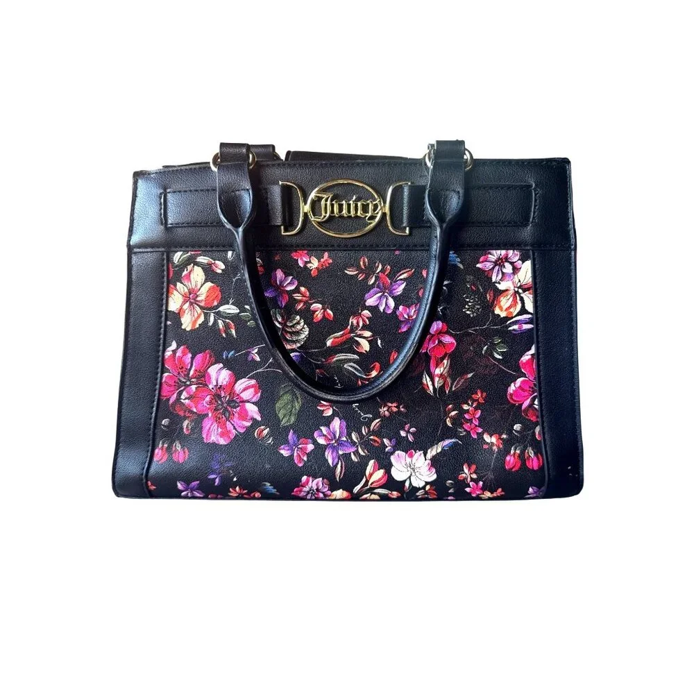 Juicy Couture Medallion Floral Satchel Tote Black Multi Color Purse Gold Logo