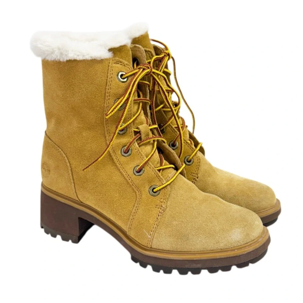 Timberland Kori Park combat boots in wheat suede, faux fur collar Size 8 EUC