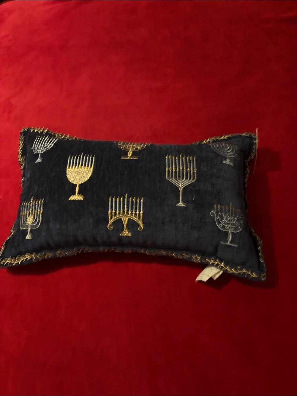 Hanukkah Menorah Pillow Navy Blue Velour
