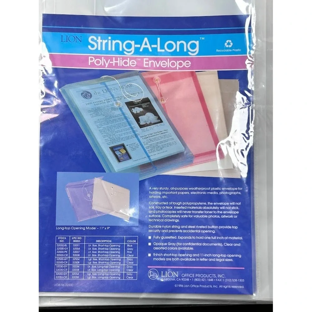 LION String-A-Long Poly-Hide Envelope 11x9‎ Long Top Opening Clear (3packs)