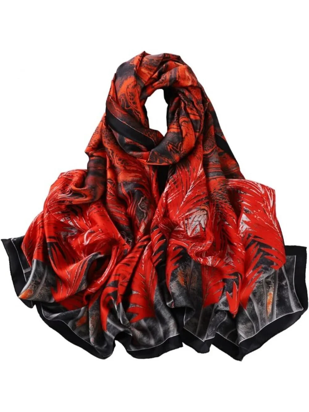 Women's Red Black Light Silk Like Scarves Flower Print Head Cotton Wrap Scarf