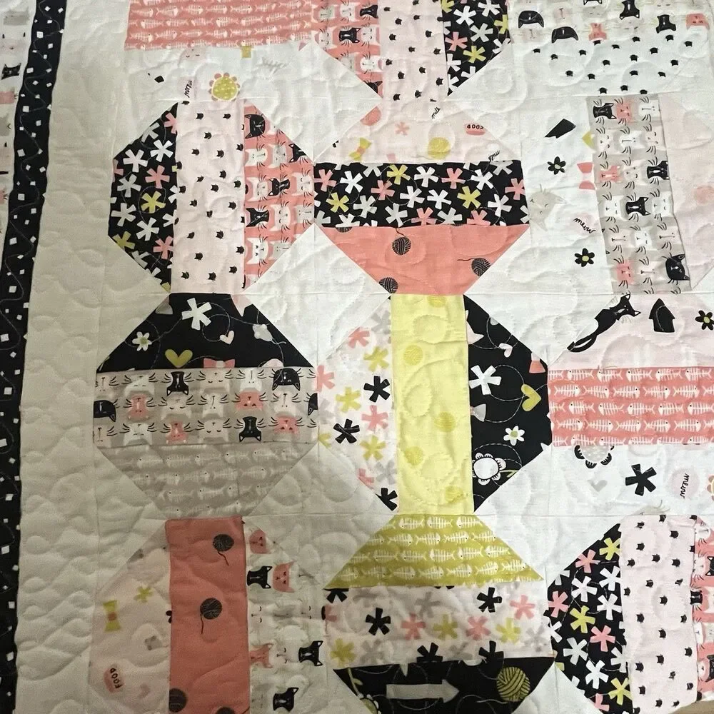 Handmade Cats and Camper Trailers Patchwork Quilt Blanket Pink