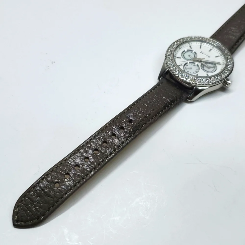 Fossil Watch ES2995 Silver Crystal Brown Leather Wristband White Face NWT