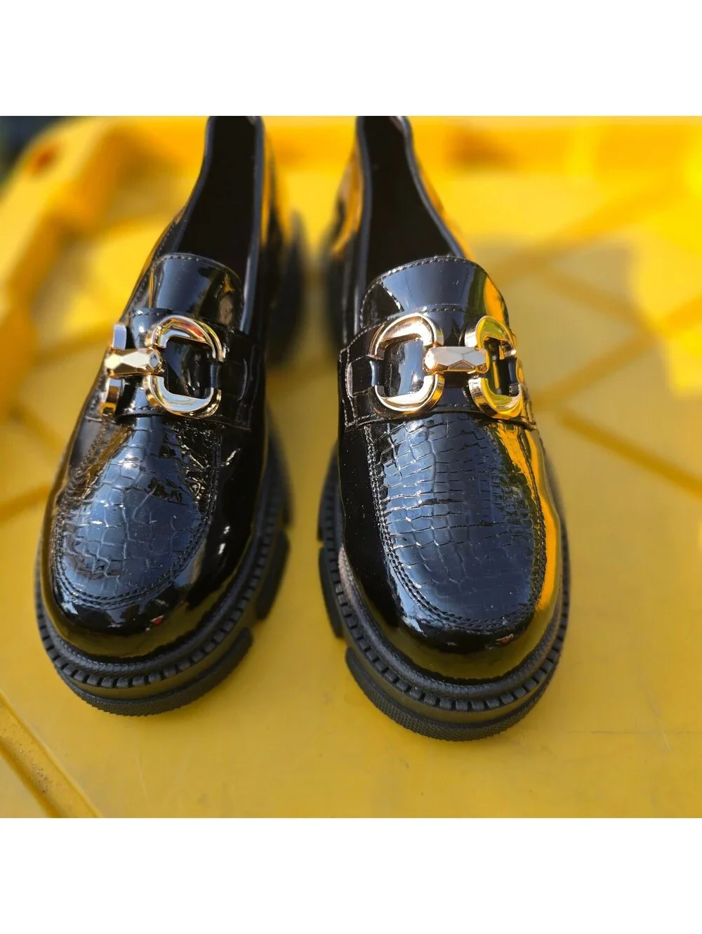 Black Patent Leather Chunky Loafers with Gold Buckle Detail