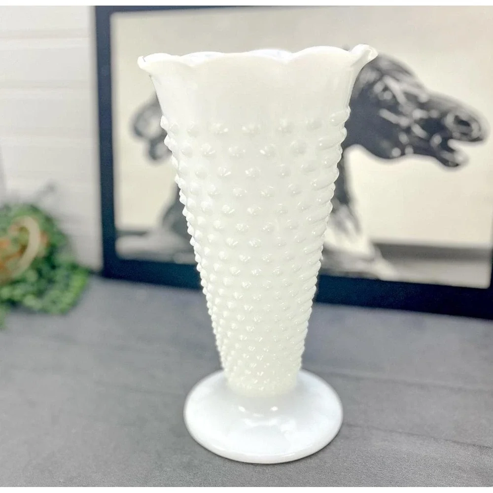 Vintage Anchor Hocking Hobnail Milk Glass Vase - Pedestal Planter
