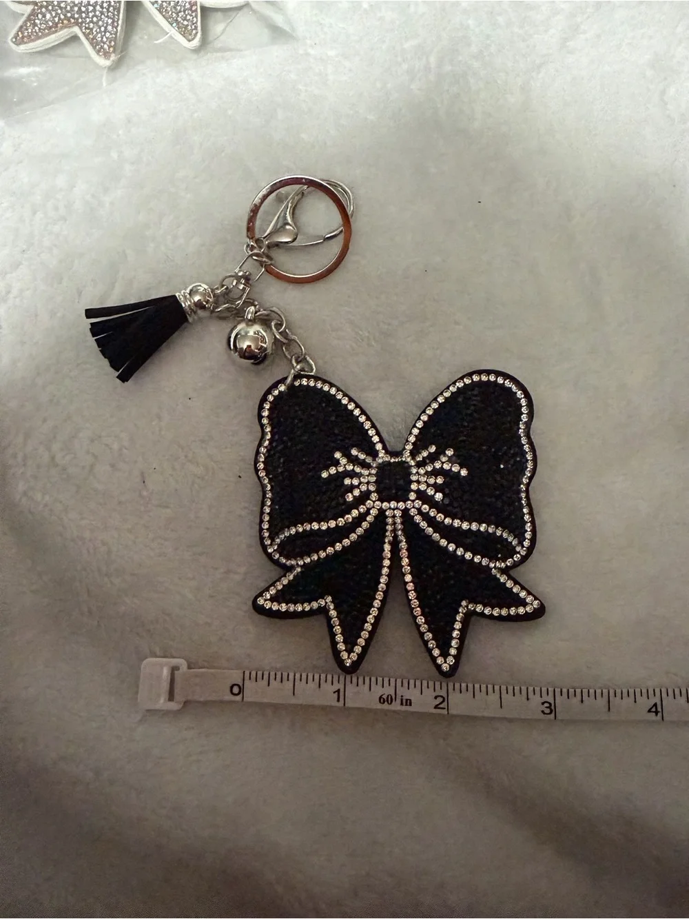 Black Bow w/ White Rhinestones Trim Tassel Keychain Charm