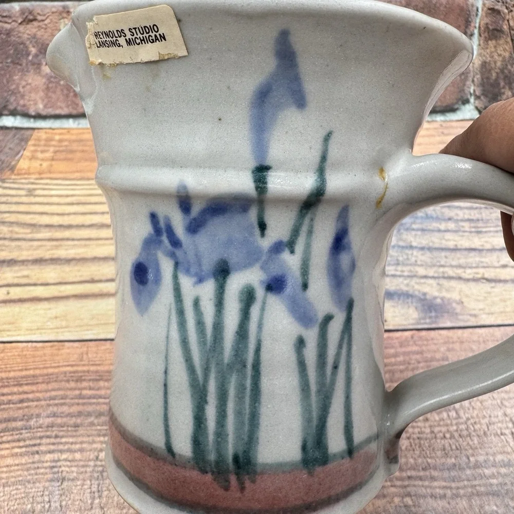 Studio Art Hand Thrown Reynolds Pottery Vase Mug Pitcher Iris Botanical Vintage