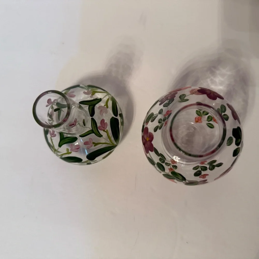 VINTAGE BUD VASES PAIR SMALL CLEAR GLASS HAND PAINTED FLOWERS PINK PURPLE GREEN