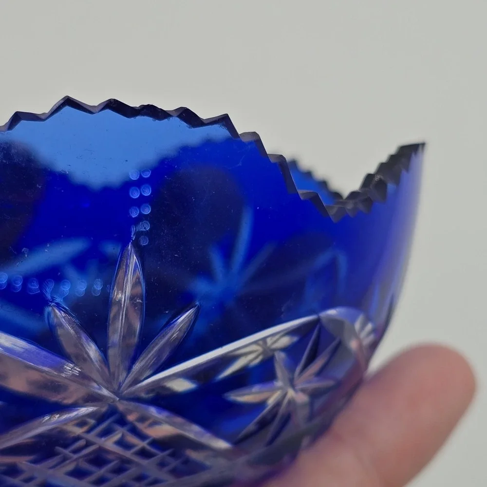 Vintage Bohemian cobalt cut to clear crystal mini bowl Antique Art Deco