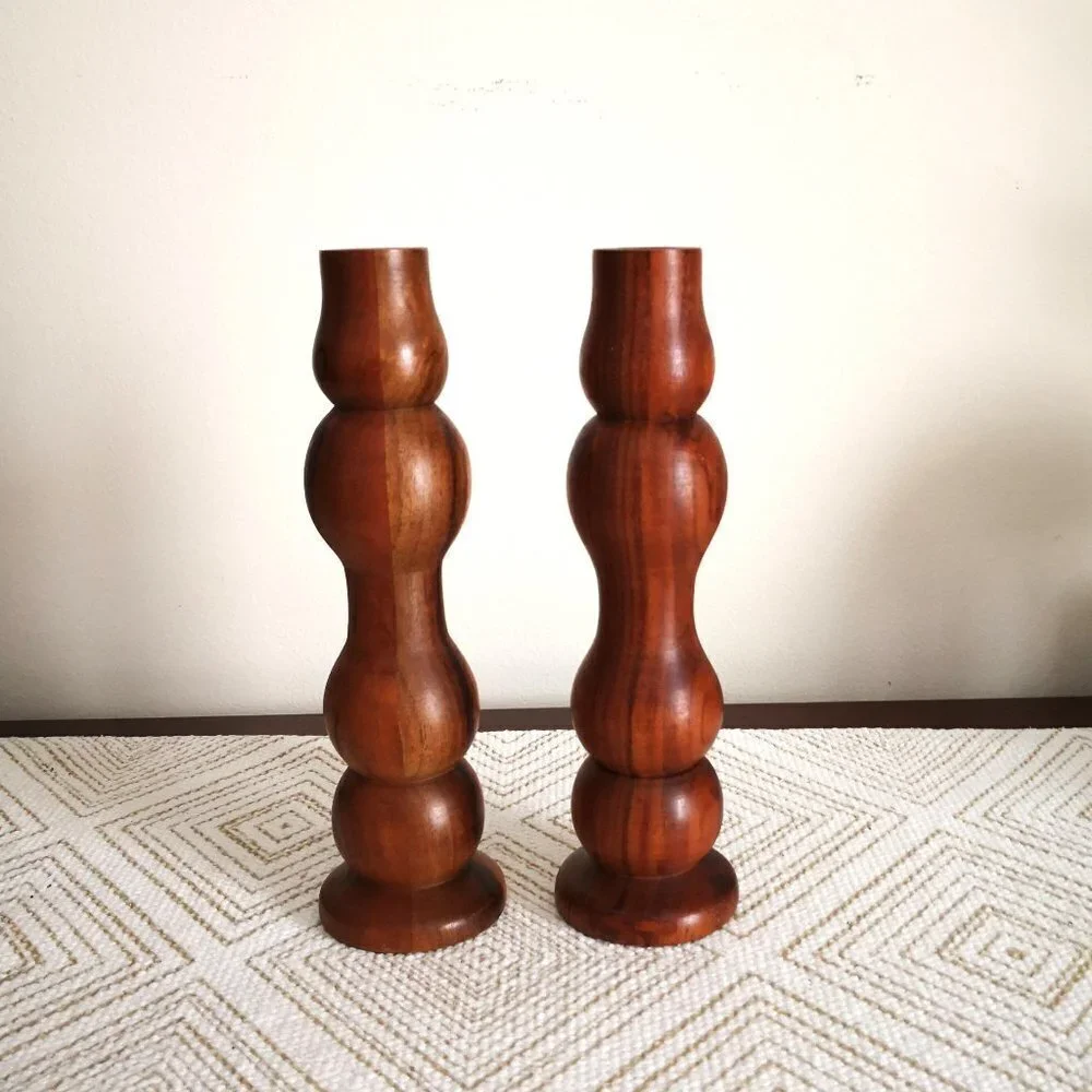 Pair‎ of Hearth & Hand Magnolia Joanna Gaines Wood Hand Turned Candleholders 9
