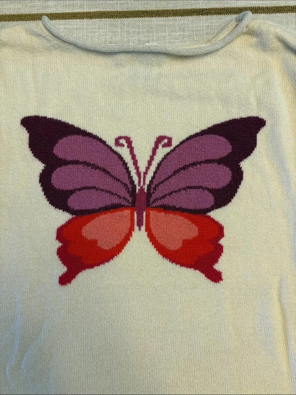 GAP Cream Sweater with Purple and Red Butterfly Motif