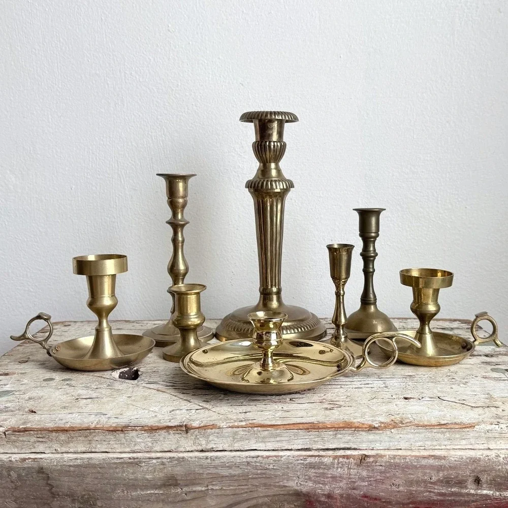 Vintage Brass Candlestick Holder Set Mixed Lot Portugal India Hong Kong 7pc