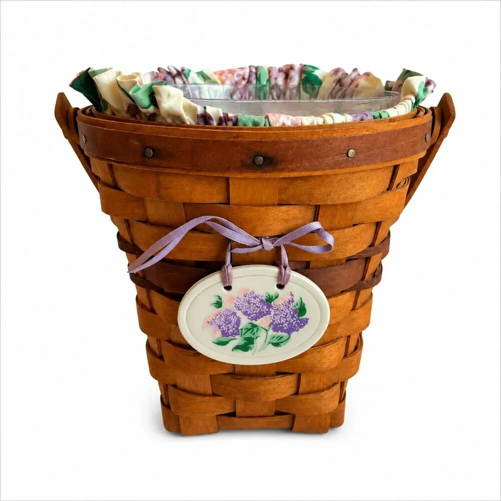 Vintage Longaberger Basket with Floral Liner & Protector with Lilac Ceramic Tie