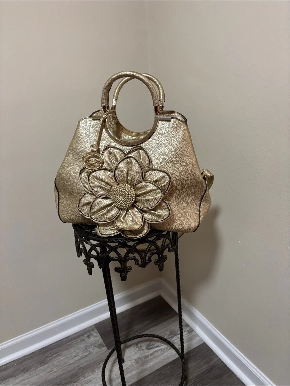 Gold Floral Embossed Top-Handle Tote