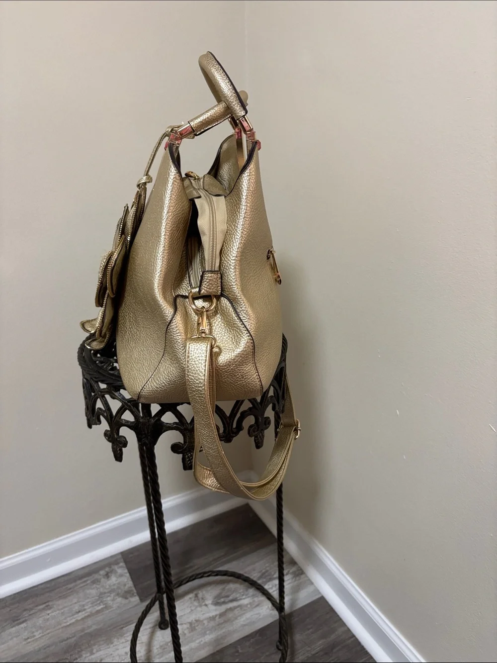 Gold Floral Embossed Top-Handle Tote