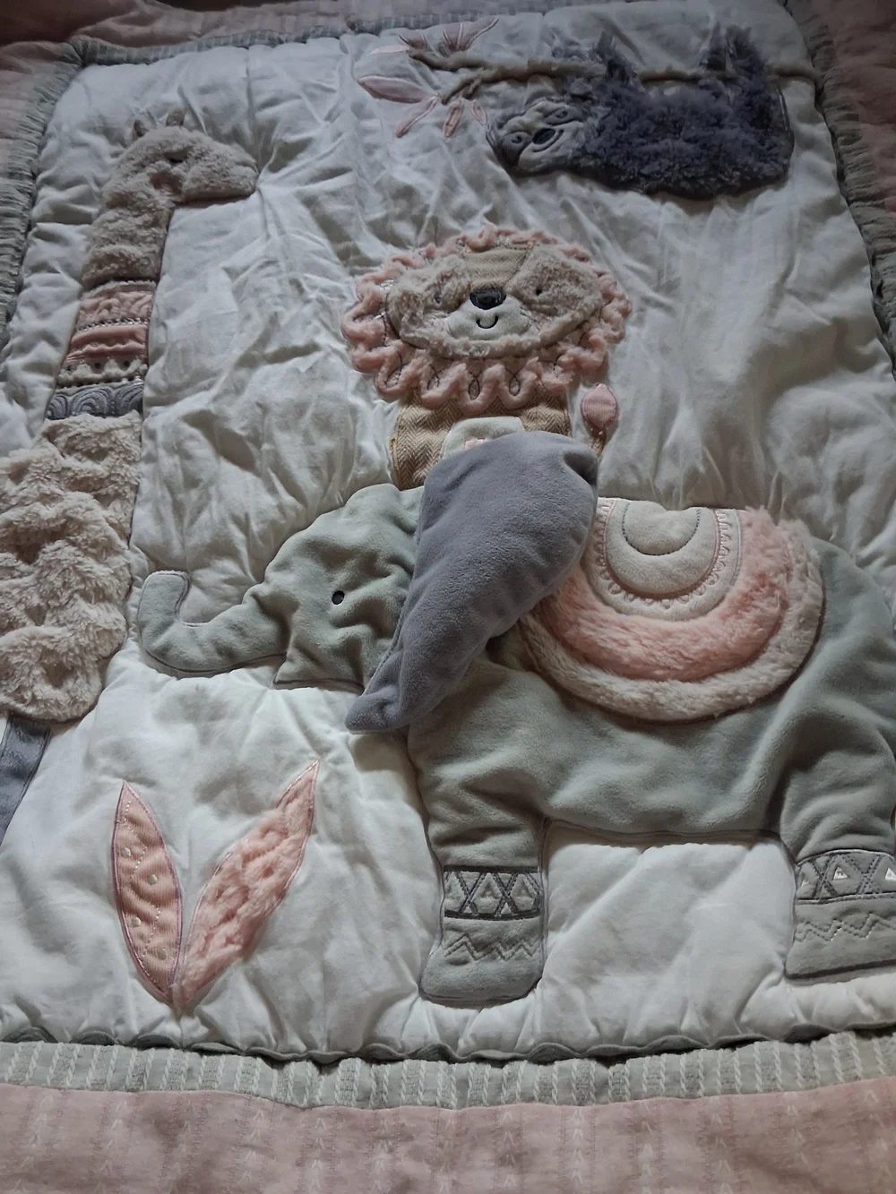 Levtex Pink, Gray & Cream Safari Animal Appliqué Baby Quilt
