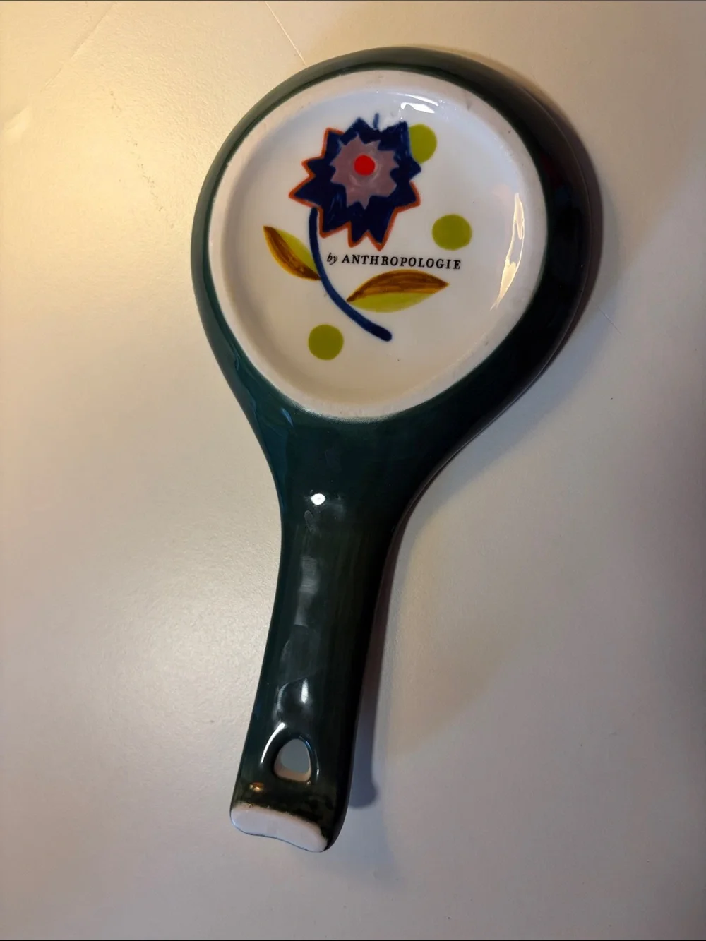 Anthropologie Green Checkered Floral Ceramic Spoon Rest - E