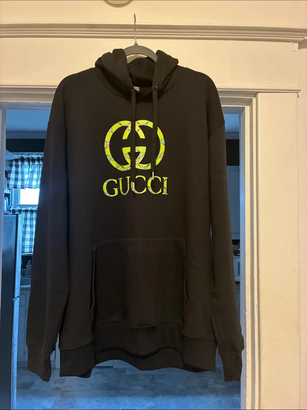 Gucci style Black hoodie with Neon Yellow Logo
